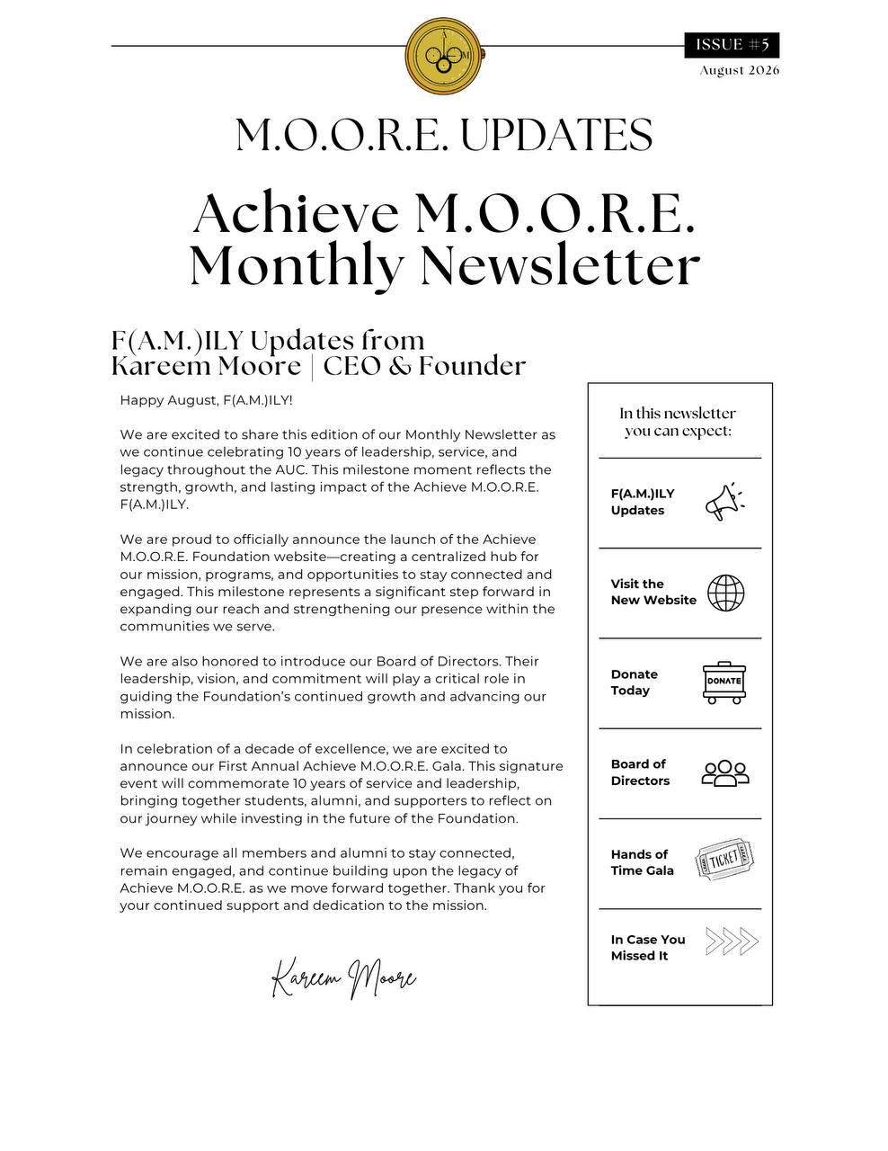 A.M News Issue 5, page 1 — F(A.M.)ILY Updates from Kareem Moore, CEO and Founder