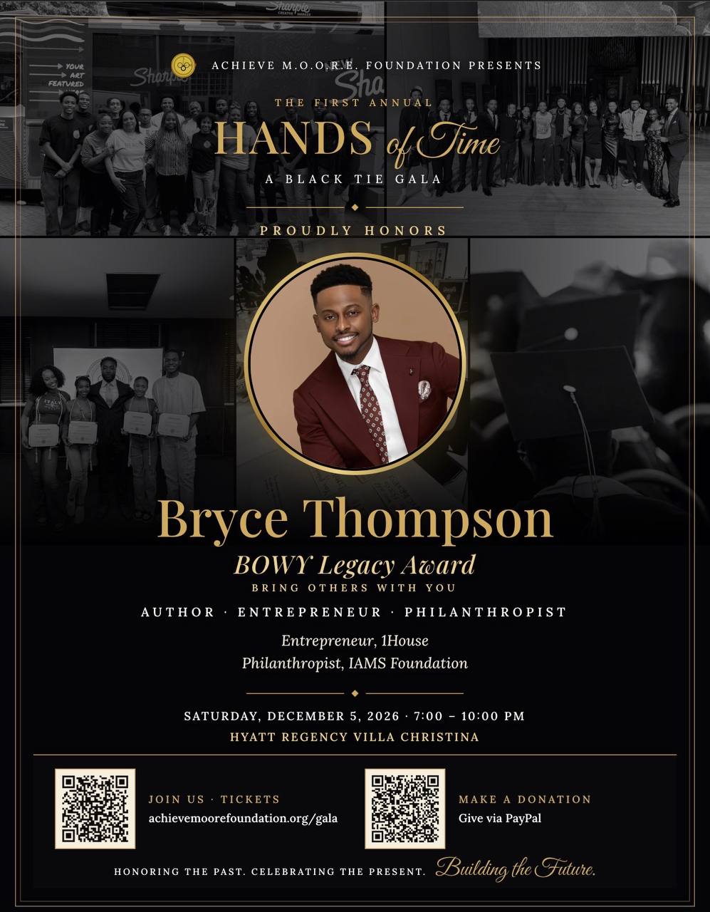 Hands of Time Gala flyer — proudly honoring Bryce Thompson with the BOWY Legacy Award, Saturday December 5, 2026, 7:00–10:00 PM, Hyatt Regency Villa Christina