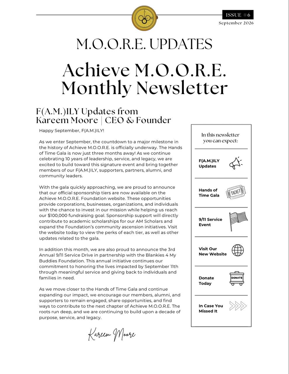 A.M News Issue 6, page 1 — F(A.M.)ILY Updates from Kareem Moore, CEO and Founder